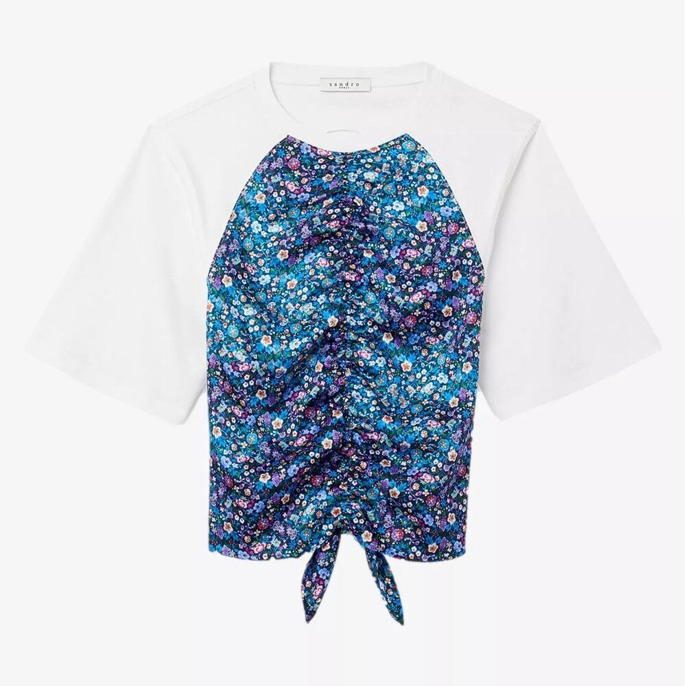 Sandro Lutetia Floral Print Mixed Media Top Open Back Tie Ruched Satin Blouse - Picture 12 of 12